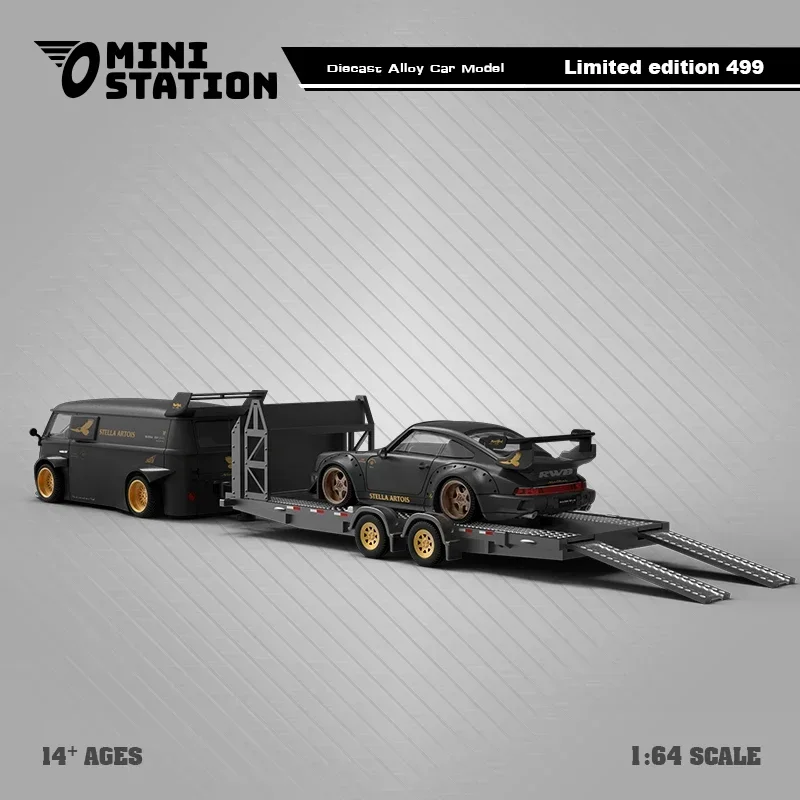 Mini Station 1:64 RWB & T1 Van Stella Artois Matte Black w/Trailer limited499 Diecast Model Car