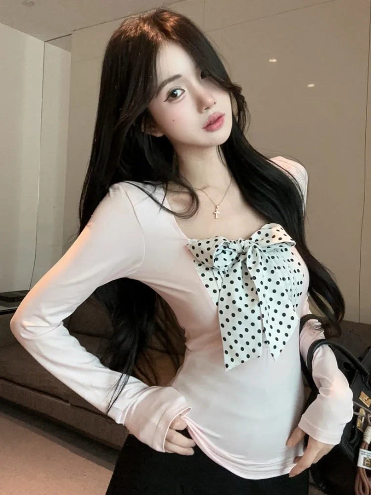 

Elegant Polka Dot Long Sleeve T-Shirt Women's Autumn Winter Pure Desire Square Collar Base Shirt Inner Wear Knot