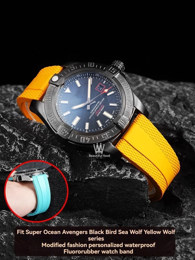 Gelang Jam Karet 22Mm Cocok untuk Breitling Superocean Avenger Heritage Kuning Hitam Oranye Alat Tali Lembut Silikon Gesper Lipat