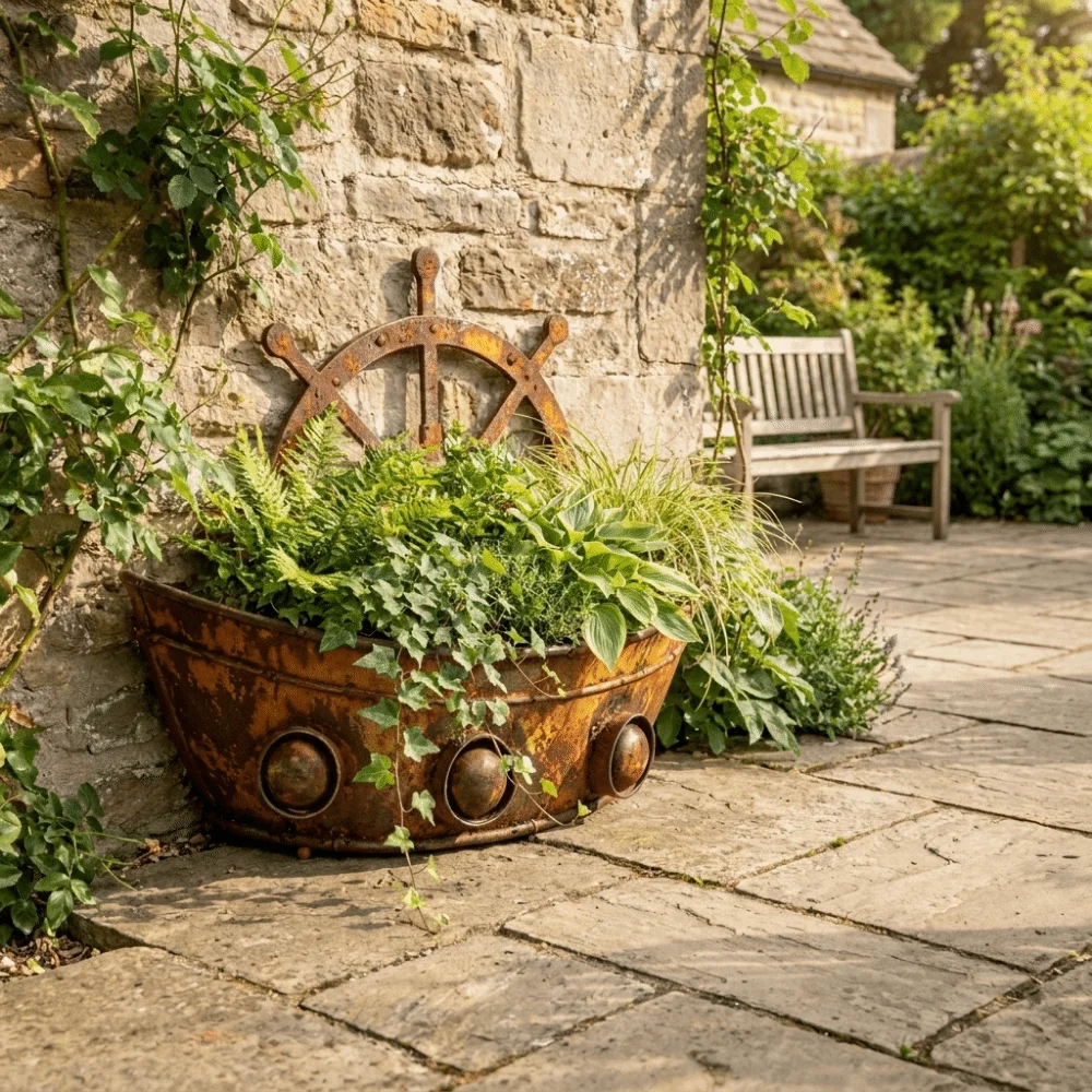 Iron Metal Boat Flower Pot Vintage Nautical Handmade Boat-Shaped Planter Weather-Resistant Rust-Proof Potted Planter