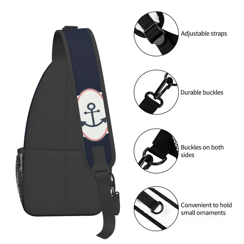 Bolsa tiracolo de peito estilinete masculina, marinha náutica, design âncora, mochila casual de ombro marinheiro para caminhada