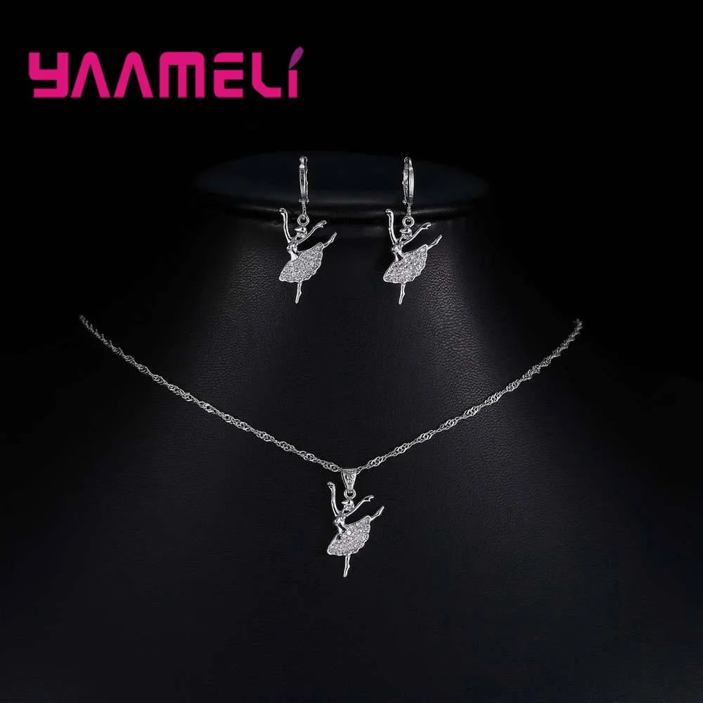 Women Jewelry Sets 925 Sterling Silver Austrian Crystal Dancing Girl Earrings Necklace Modern Banquet Party Accessory