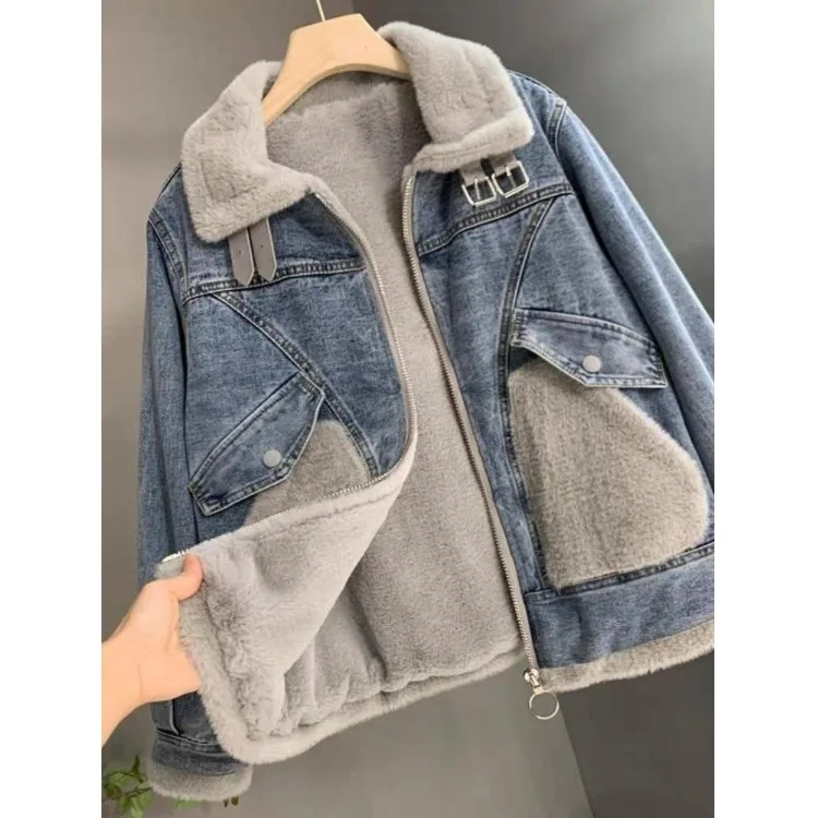 

Faionable Thiened Loose Denim Jaet with Mink Simulation Splicing Warm Fce Autumn Winter Simple Sli Top for Women