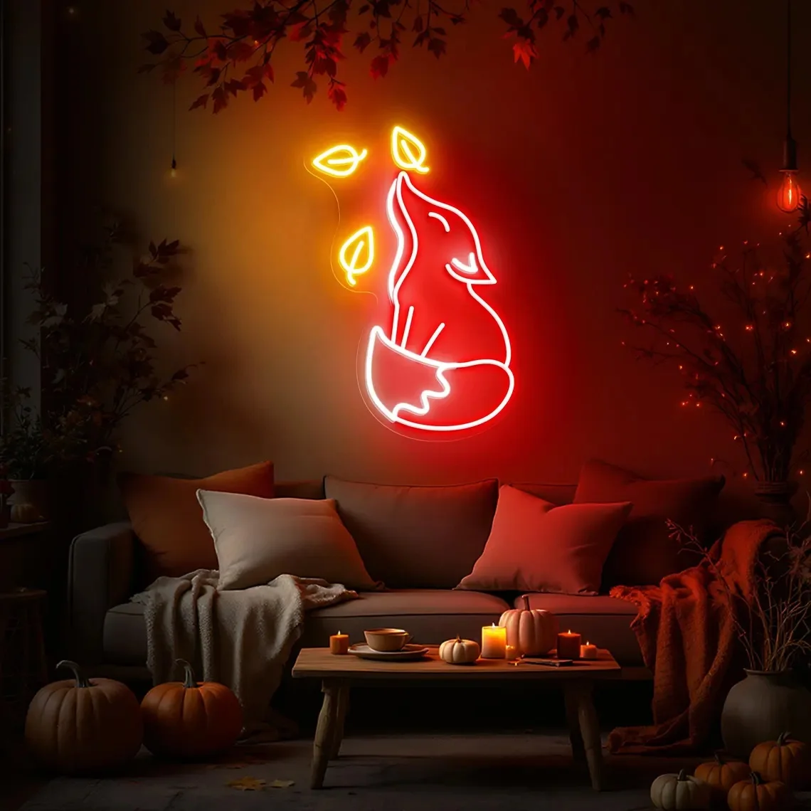 Fox with Autumn Leaf Neon Sign Cute Animal Wall Decor Custom Neon Sign