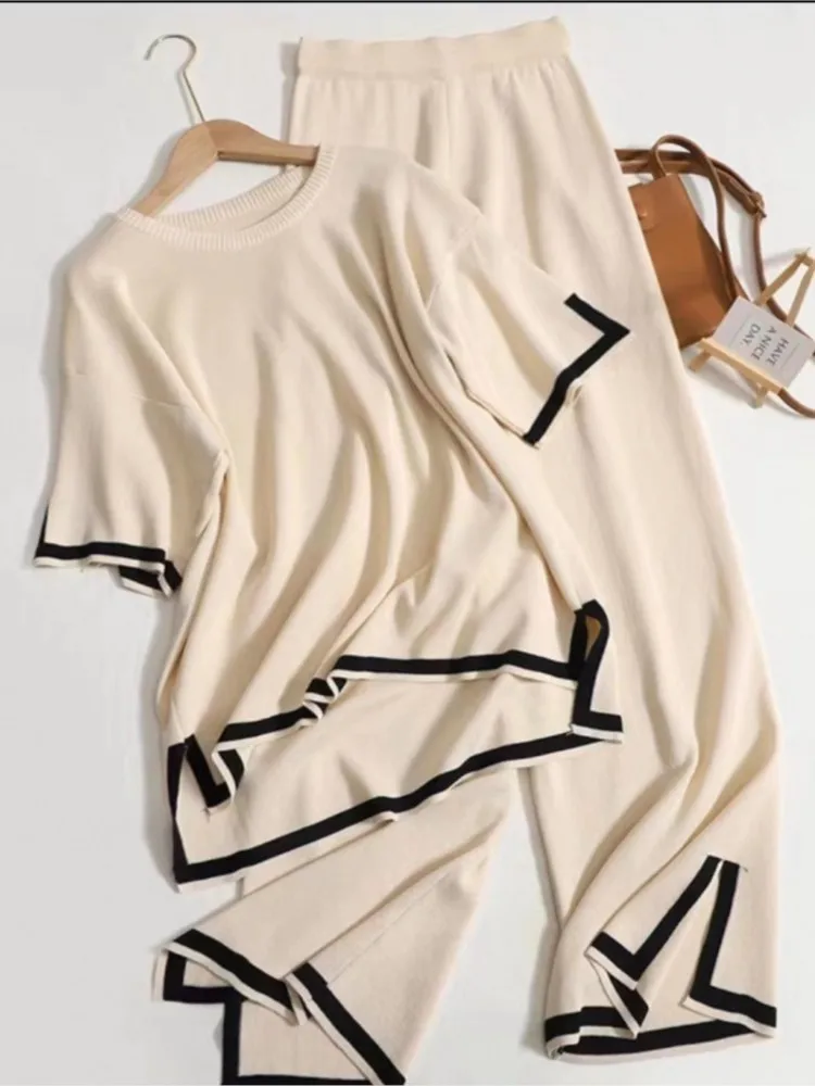 

Summer Knitted Casual Two Piece Set 2025 Fashion Elegant Commuting Loose Short Sleeve Tops And High Waist Wide Leg Pants 2 Sets