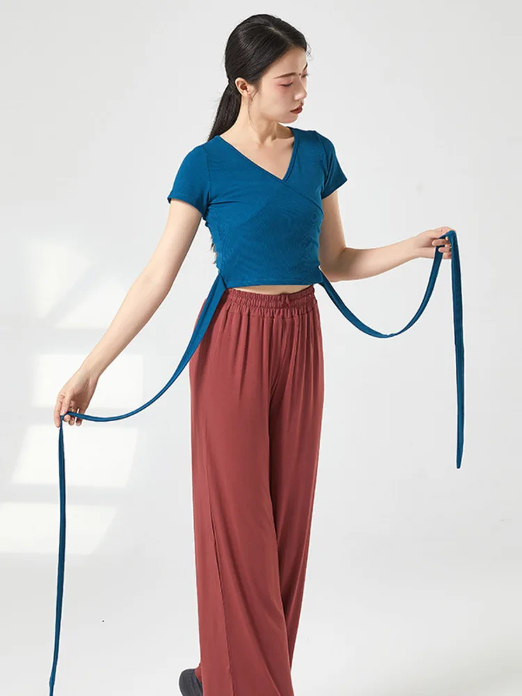

Female Dancewear Short Sleeve V Neck Slim Top with Waist Tie Design Solid Color Classical Costume Shirt for Rehearsals Practice