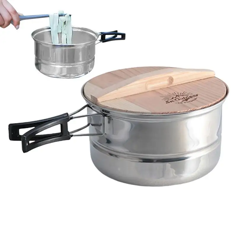 Vegetable Steamer Pot With Lid Wooden Lid Stainless Steel Multi Layer Bun Steamer Outdoor Portable Camping Cookware Vegetable