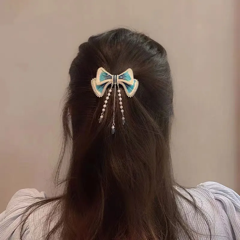 2022New retro grace Pearl Bow Blue Fringe Hair Clip  Women ponytail clip Spring clips Hair Accessories Gifts Heawear decorate