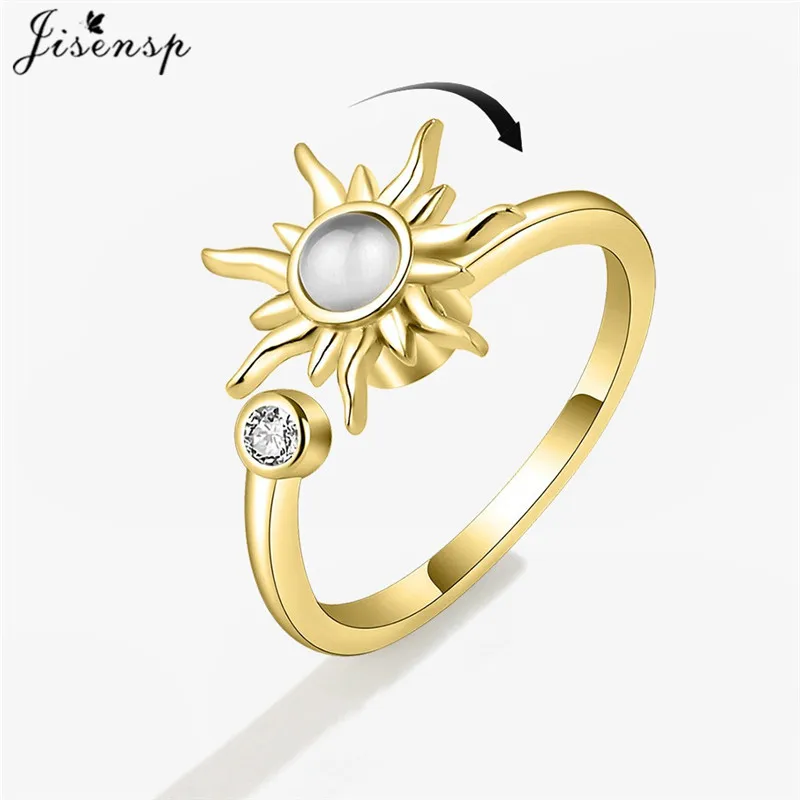 Spinning Delicate Crystal Flower Anti Anxiety Ring Relax Fidget Sun Shaped Rotate Jewelry Ladies Summer Holiday Ring Accessories