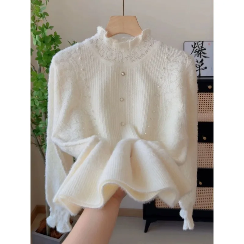 

Autumn And Winter Temperament Beaded Lace Loose Half Turtleneck Bottoming Sweater Thickened Sweater Top For Women