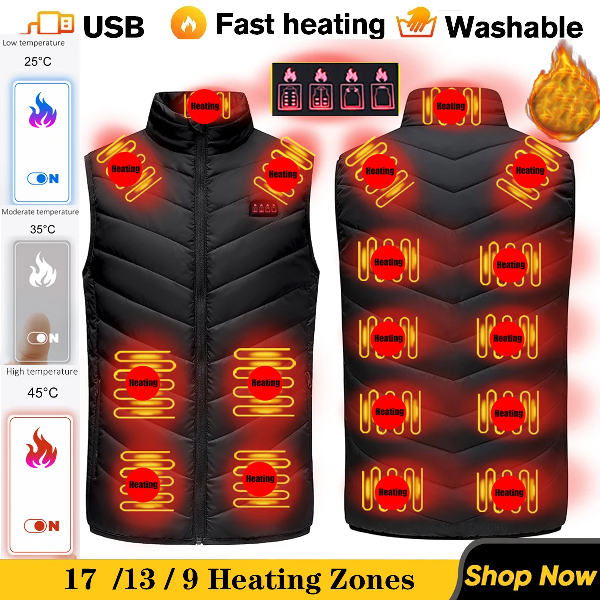 17/13 Places Heated Vest Men Women Usb Heated Jacket Heating Vest Thermal Clothing Hunting Vest Winter Heating Jacket BlackS-6XL