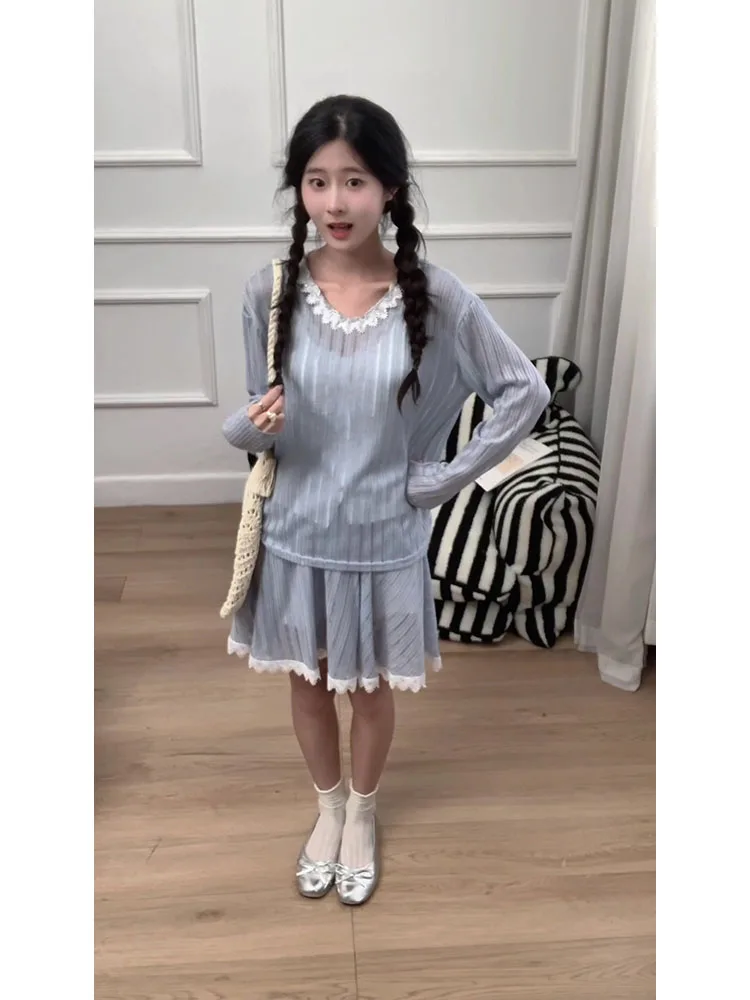 

Ele Blue High Waist ort Skirt Set with Long Sve Ruffle Collar Top Women's Faion Autumn Outfit Gentle Wind Sle