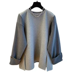 SuperAen European and American Style Grey Fashion Patchwork Long-sleeved Pullover Women Mid-length Loose Sweatshirts