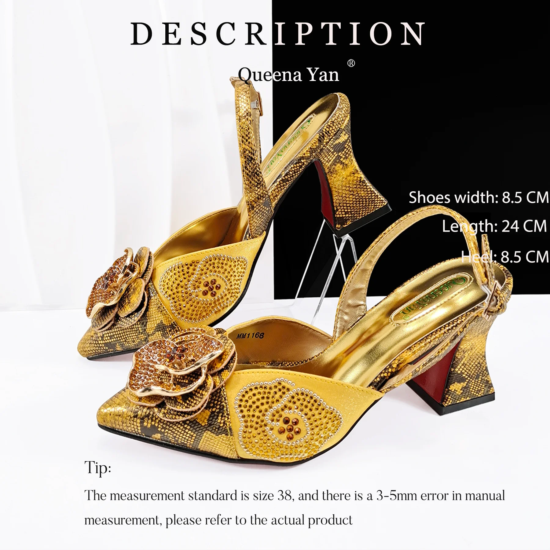 

Pointed Toe High Heels Yellow Color Rhinestones Women Shoes for Party Italian Fashion Design Shoes and Bags Matching Set