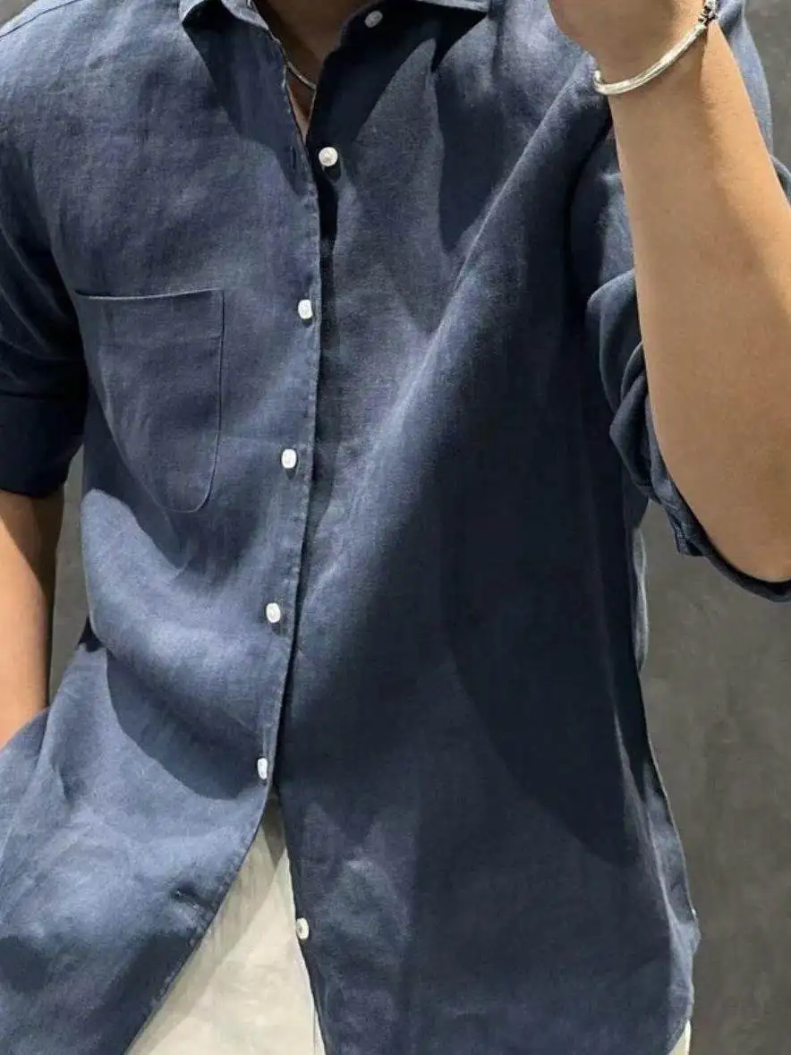 

Spring Summer New Style Men's Casual Loose Long Sleeve Pure Color Shirt Trendy Versatile Simple Hong Kong Style Citywalk Cotton