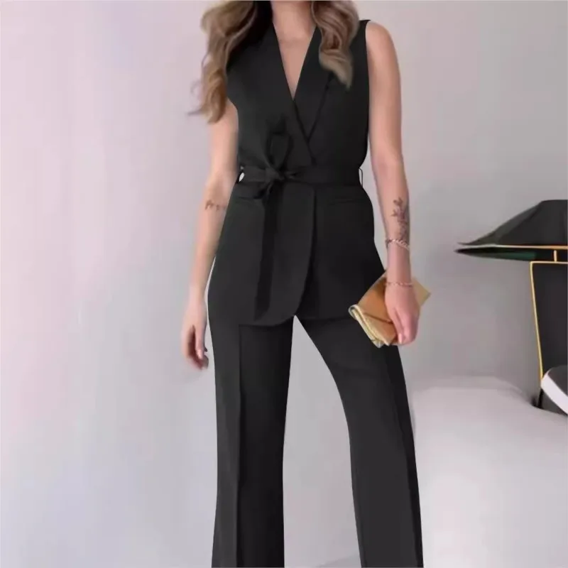 Elegant Office Lady Two Piece Sets Turn Down Neck Sleeveless Top With Long Pants Suit Autumn Solid Slim Set Women Party Outfit