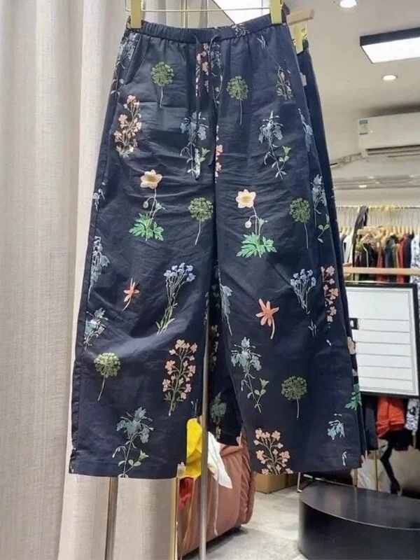 

Модные женские брюки с широкими штанинами и ретро-принтом, с высокой талией, укороченные, летние, тонкие, из смесового хлопка, больших размеров