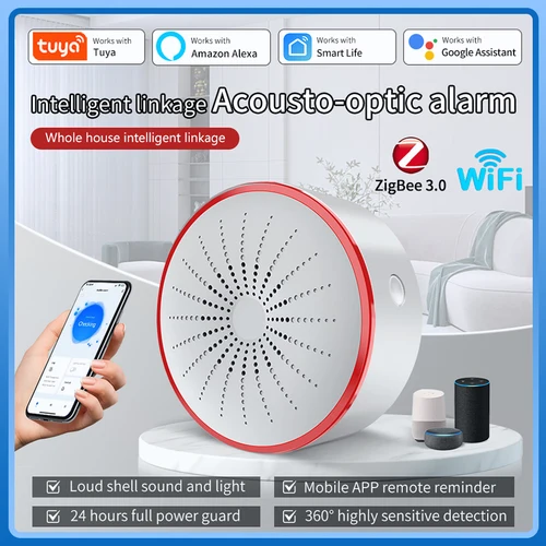 Tuya-Sensor de sirena de alarma ZigBee, WiFi, alarma de sonido y luz, sistema de seguridad para el hogar, aplicación Smart Life, asistente de Google Alexa