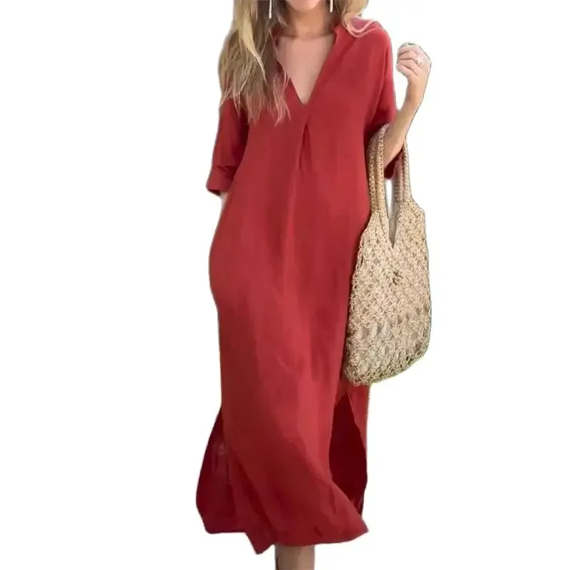 

Women Summer Cotton Linen Solid Color Dresses Deep V Neck Pullover Loose Dress Female Seven-quarter Sleeve Split Hem Casual Gown