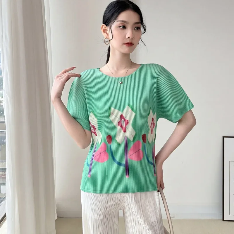  Pleated Printed Short Sleeve T-Shirt 2026 Summer Loose Versatile Comfortable Top Women's Elegant No-Iron Draped Clothing