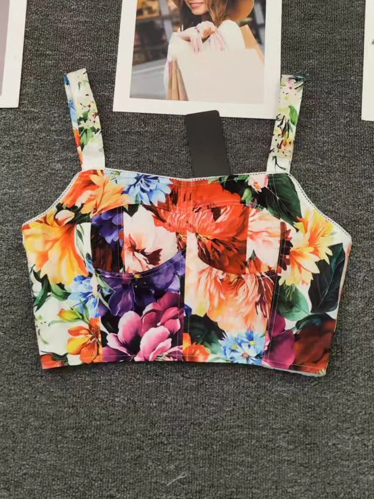 Primavera/Verano 2025 nuevos pantalones de mujer con estampado de flores camisa de cintura abierta Top cintura elástica pantalones cortos de pierna ancha temperamento de dos piezas sui