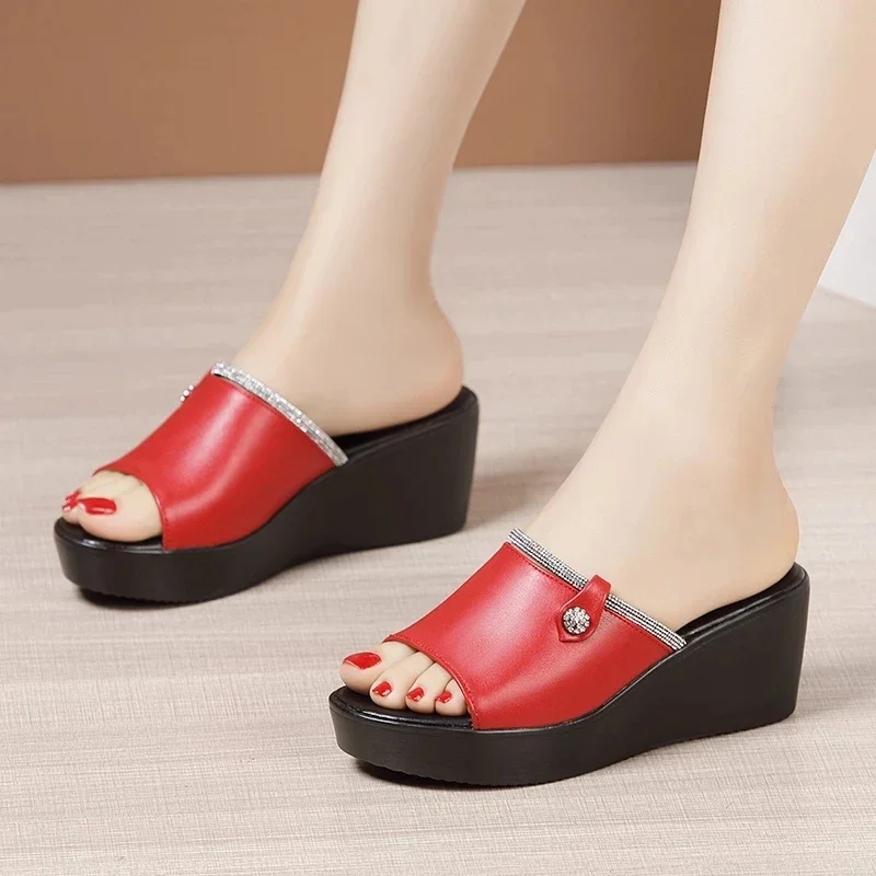 BEYARNEOpen Toe Rhinestone Platform Slippers Leather Summer Shoes Elegant High Heels Wedges Slides Women Office Big Size
