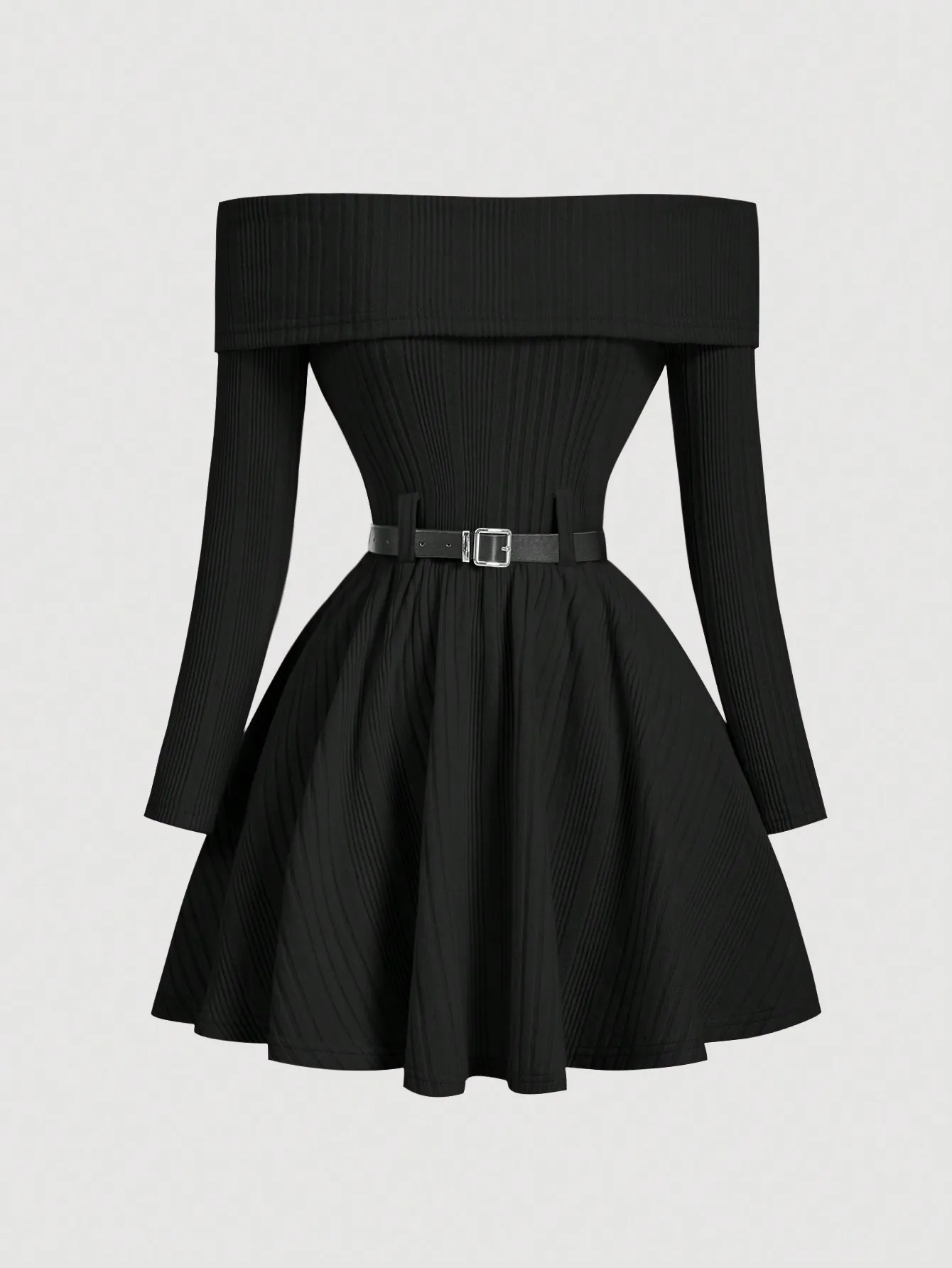 

Черное мини-платье с открытыми плечами, поясом, из ребристой ткани и расклешенной юбкой