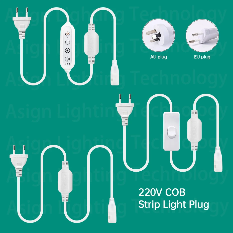 AU EU 220V Switch/Dimmer Supply Power Plug for 288 LEDs/m 10mm Width No Wire COB Strip Light Tape Accessories Connector