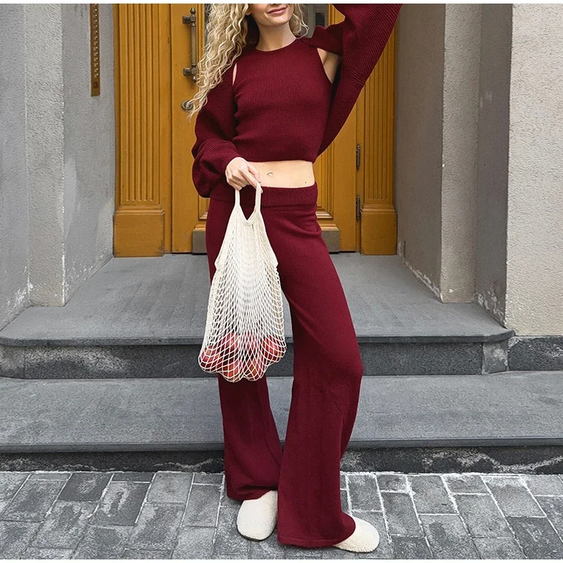 Damen Strick-3-Teiler-Set: O-Ausschnitt, ärmelloses Crop-Top, Langarm-Mantel, weit geschnittene Hose, Herbstmode, neue Strickwaren für Damen – Detail 26