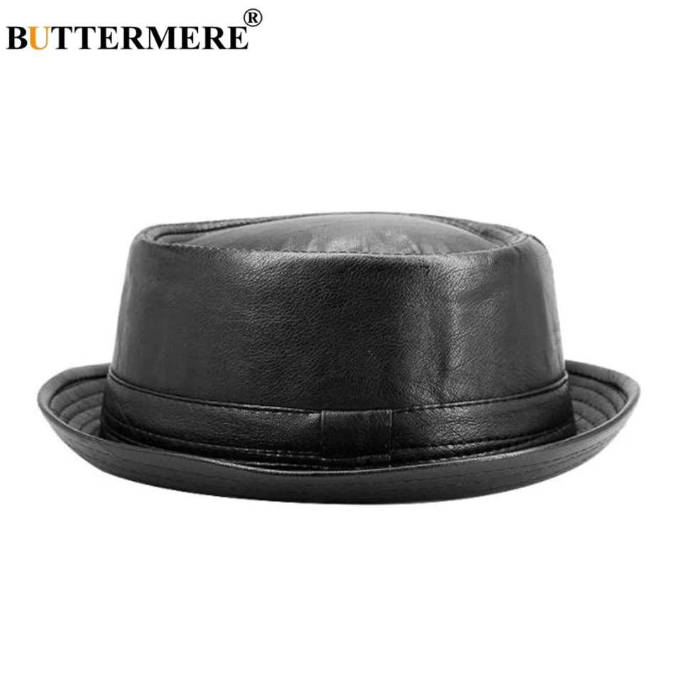 BUTTERMERE Men Black Leather Trilby Hat Male Fedora Cap Retro Women Autumn Brand Porkpie Hat Men\'s Vintage Jazz Hats