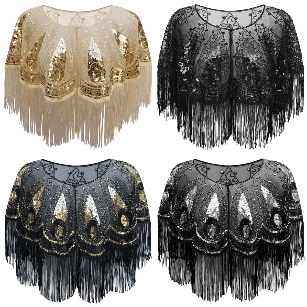 Tassel round Neck Women Vintage Shawl Party Dinner Capes Shawls Mesh Beaded Sequins Fringes Ponchos