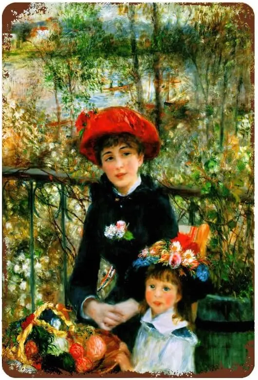 M1,Pierre Auguste Renoir dos hermanas en la terraza flores cartel de estaño de Metal Retro decoración de pared divertido cartel de estaño de Metal para Bar
