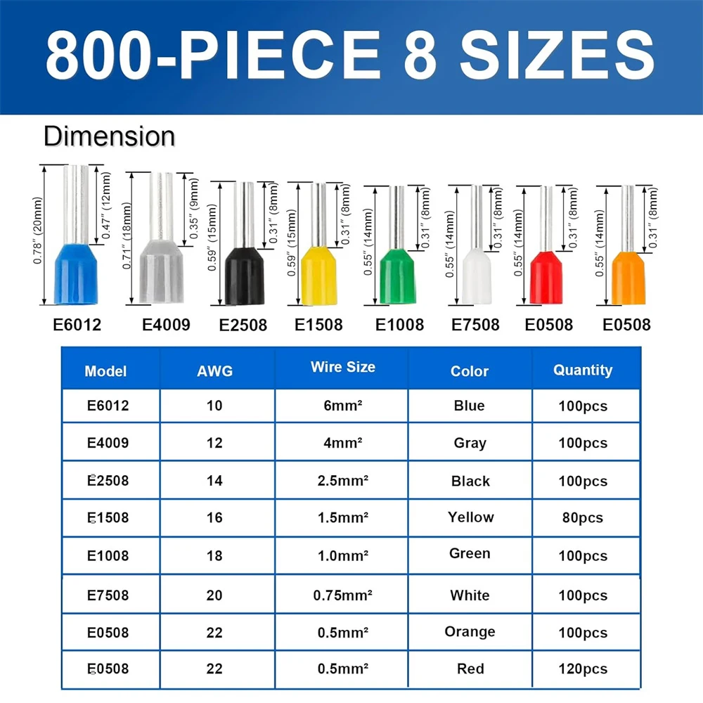 800pcs AWG 22-10 Wire Ferrules Terminals Kit - Ferrule Connectors - Pin Terminal Assortment - Insulated Copper Crimp Connector