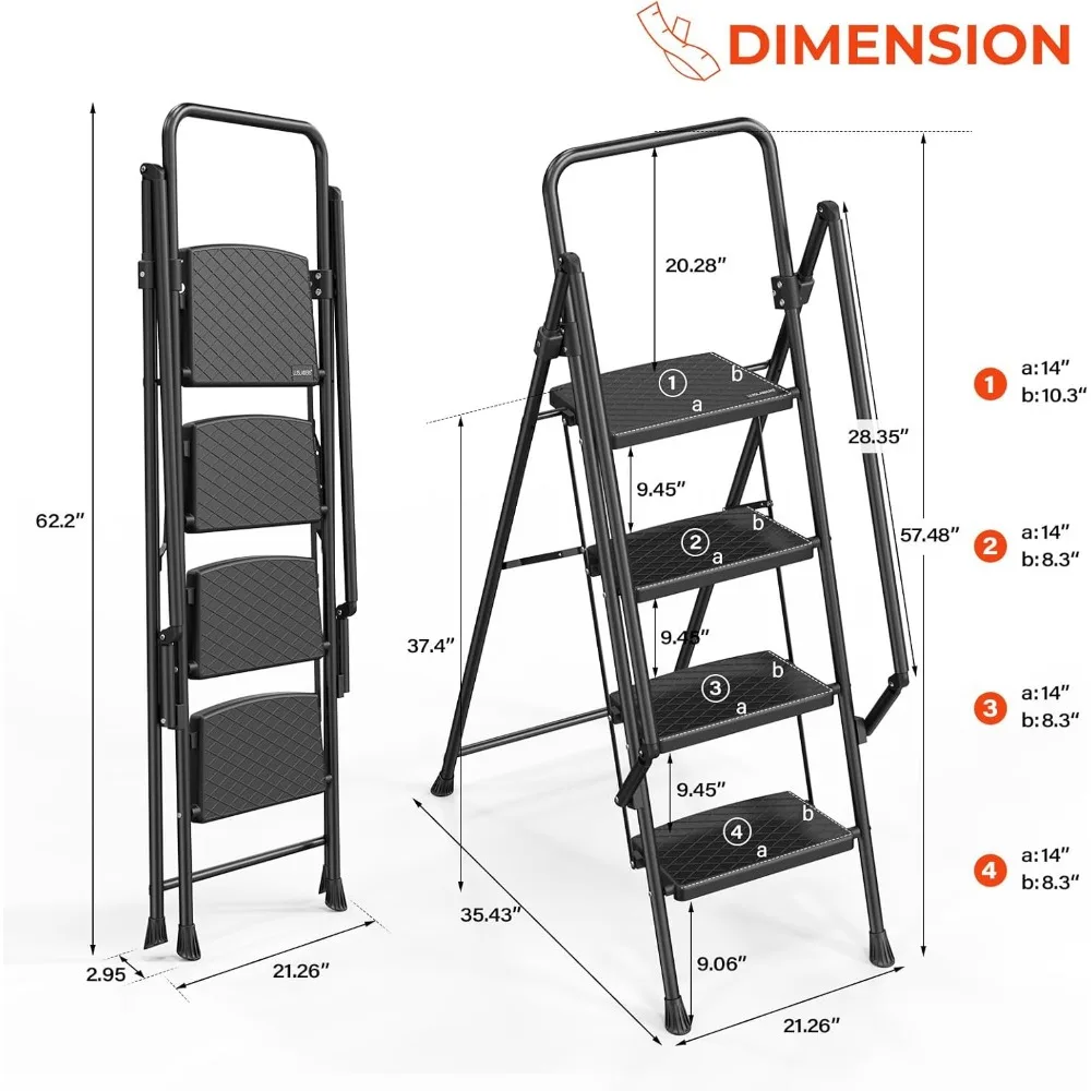 4-ступенчатая складная лестница с широкими противоскользящими ступеньками и поручнями, вместимость 400 фунтов.