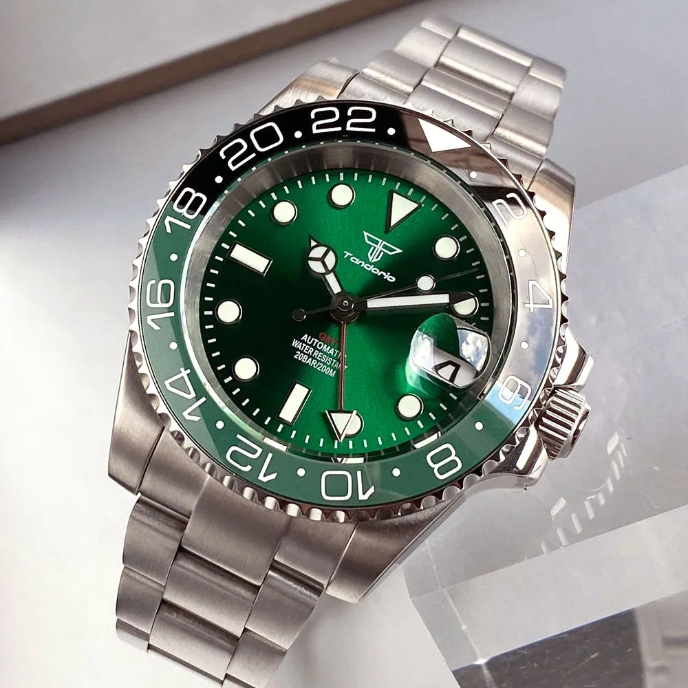 

Tandorio 40 мм NH34A 20ATM Водонепроницаемые сапфировое стекло NH34A GMT Автоматические мужские часы Стальной браслет Сине-зеленые механические часы