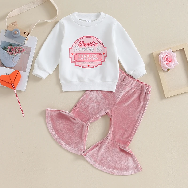 BeQeuewll Baby Girl 2Pcs Valentine’s Day Outfits Long Sleeve Graphic Sweatshirt And Velvet Flare Pants Set Toddler Clothes