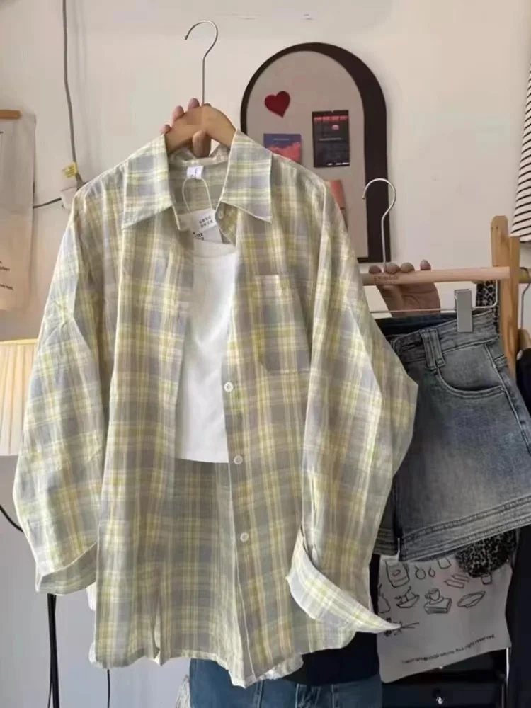 

Женская винтажная рубашка в клетку больших размеров, свободная верхняя одежда с длинным рукавом, воротник, стандартная длина, повседневный стиль, модный топ