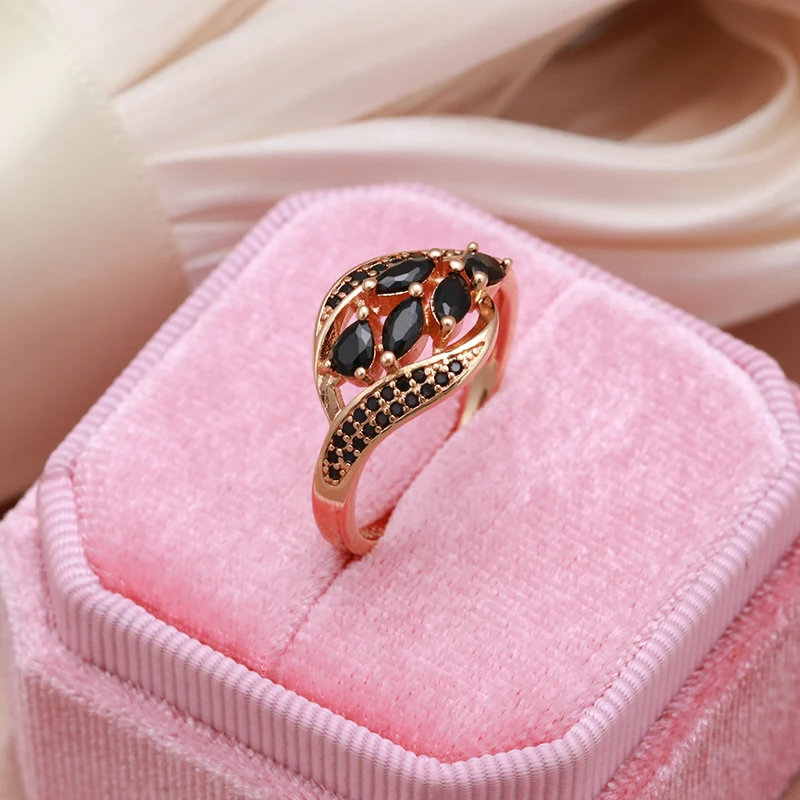 SYOUJYO New 585 Rose Golden Women\'s Ring With Water Drop Black Natural Zircon Elegant Party Wedding Jewelry Luxury Design