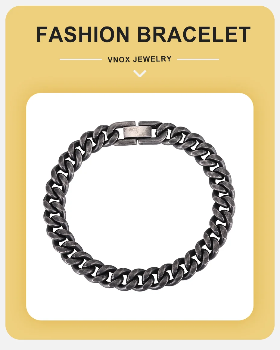 Vnox Herren Edelstahl Cuban Link Armband, Schwarz Gold Silber Grau Farbe Punk Kette Armband, Hip Hop Biker Schmuck Geschenk – Detail 1