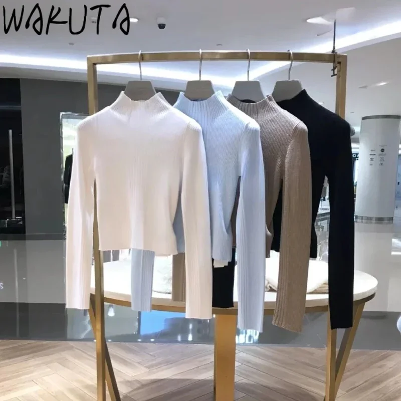 

Wakuta Simple Half-high Collar Long Sleeve Solid Pullovers Slim Fit Sweet Elegant Jumper Japan Moda New Undershirt Knitwear