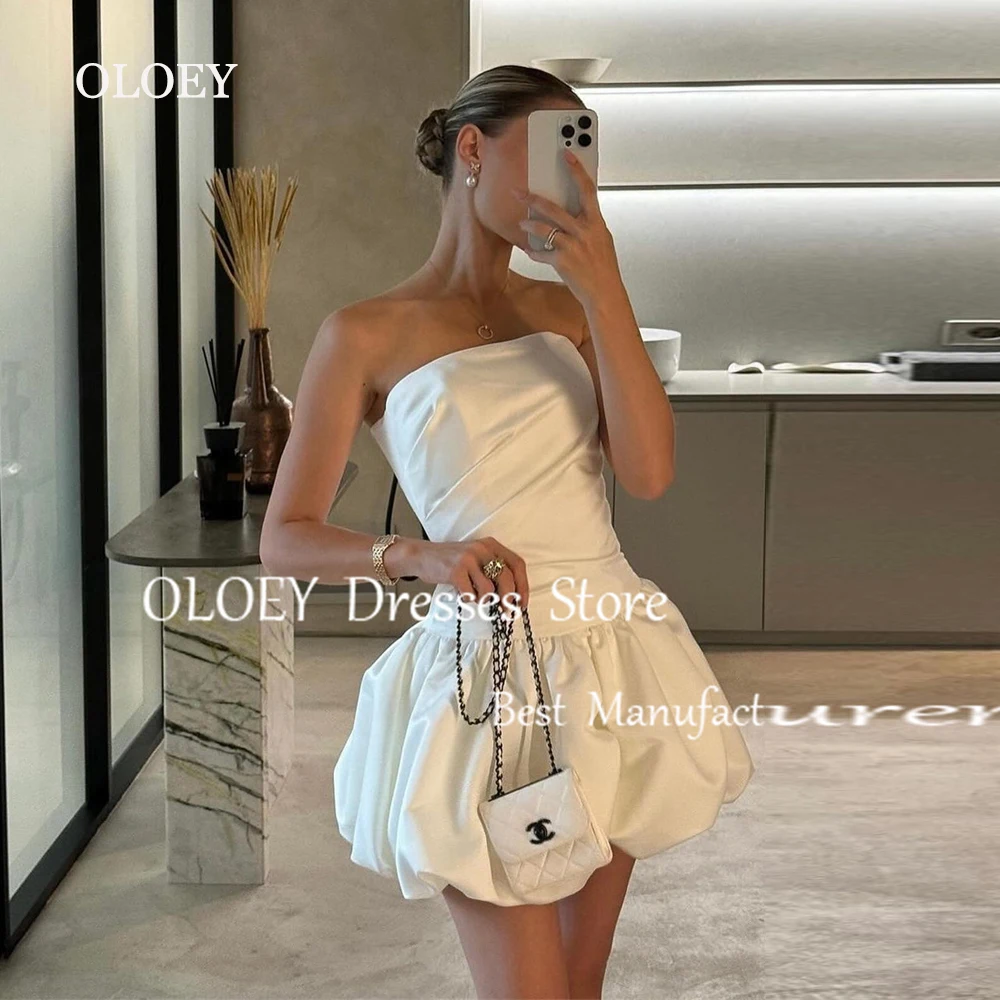 OLOEY Elegant Strapless Ivory Short Wedding Dress Pleats Satin Outdoor Photoshoot Sleeveless Mini Bridal Gown Custom Formal Gown