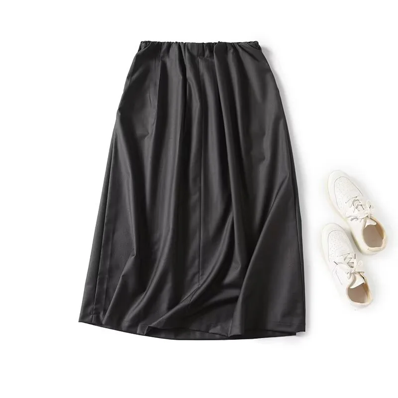 Maxdutti Minimalist Woman Clothes Southern France Elegant Gray Flowing Mid Length Elastic Waistband A-line Skirts Women's Skirt