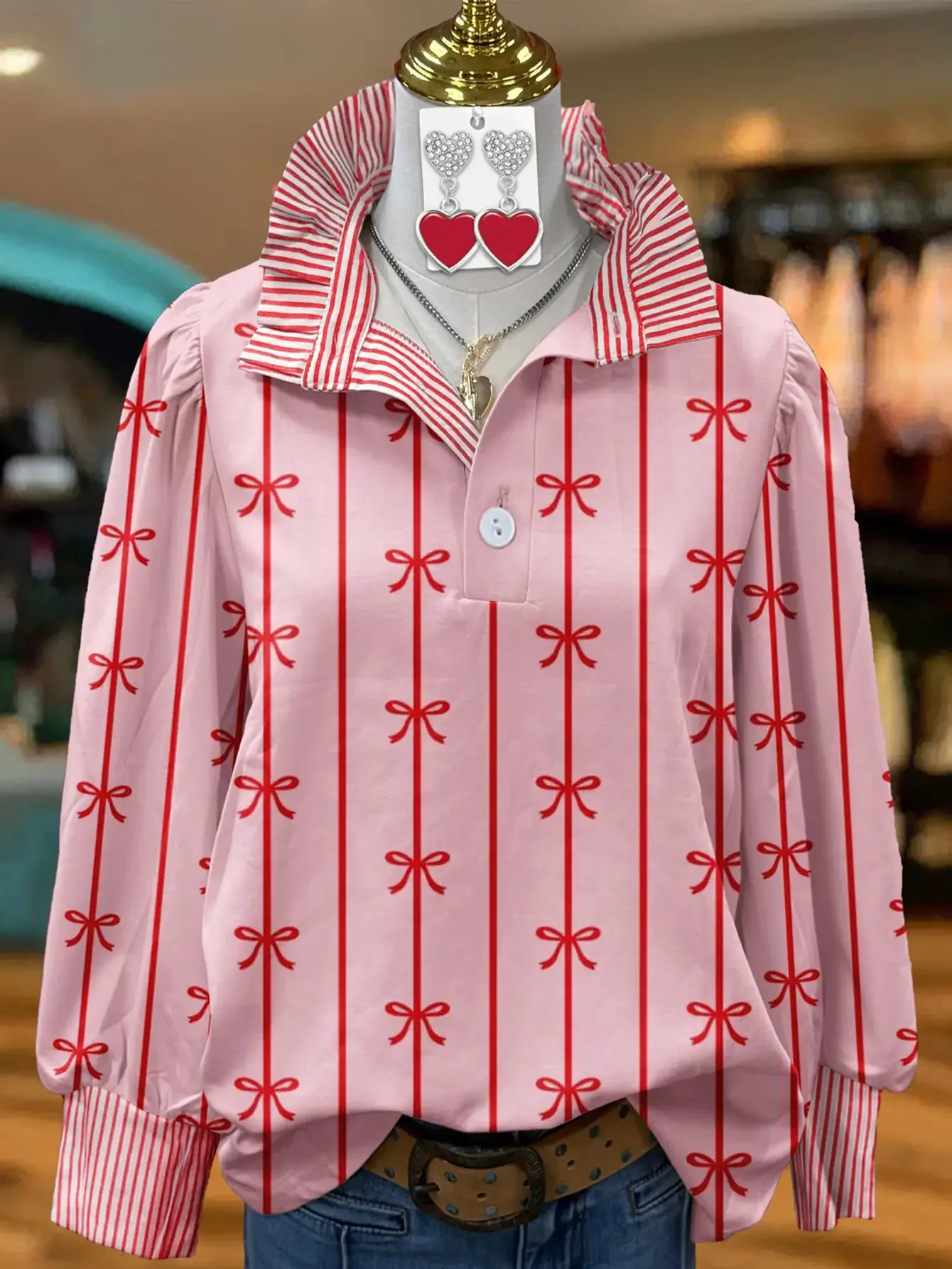 2026 Women's striped shirt with multi-color striped collar and half button shirt with Perris pattern retro floral print women's 