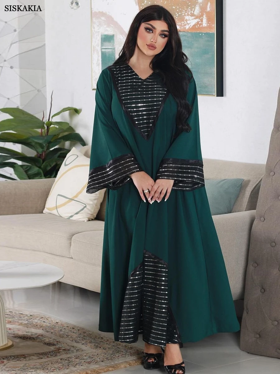 Siskakia Fashion Sequins Black Mesh Patchwork Dubai Abaya Elegant Casual Full Sleeve V-Neck Long Dress Women Muslim