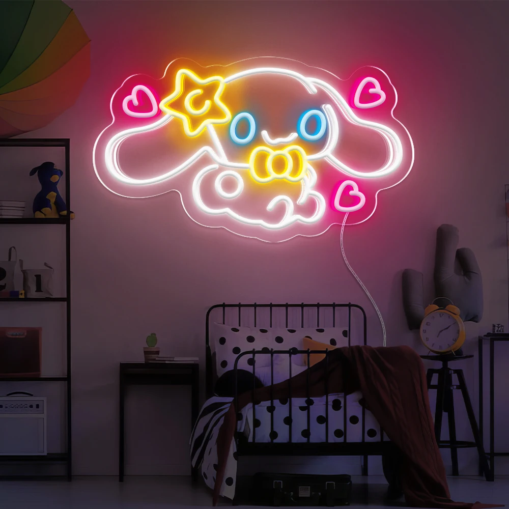 Cinnamoroll luz led sanrio sinal de néon luz de parede bonito anime decoração do quarto para presente bonito para crianças decoração do quarto da menina alimentação usb