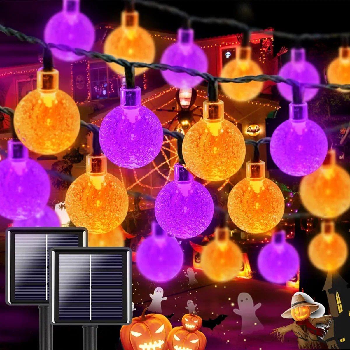 1 قطعة 12 متر 100 LED هالوين الأرجواني والبرتقالي كرة فقاعات سلسلة أضواء الشمسية مع 8 طرق للمنزل حديقة شرفة هالوين ديكور #1