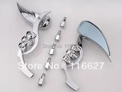 For Yamaha xv v star virago 1100 535 g 3D Skeleton Skull TearDrop Mirror  Chrome  w/ Blue Blass