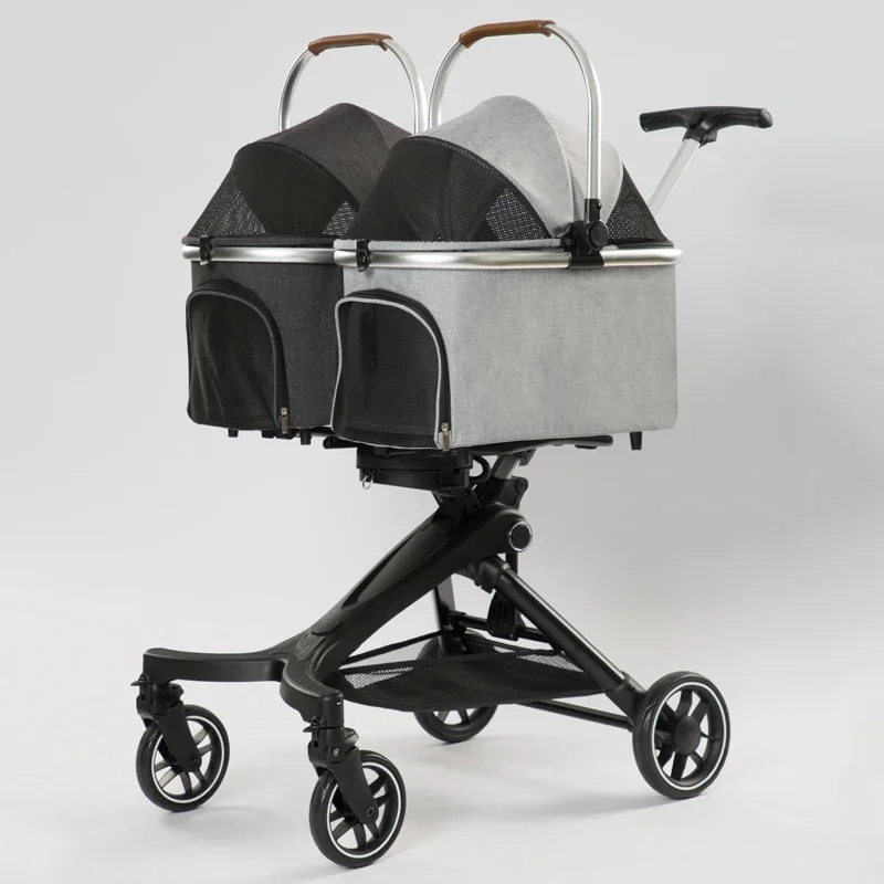 Pet Stroller,Luxury Aviation Aluminum Folding Double Pet Trolley And Waterproof Rain Cover For Two Dogs Pet Stroller