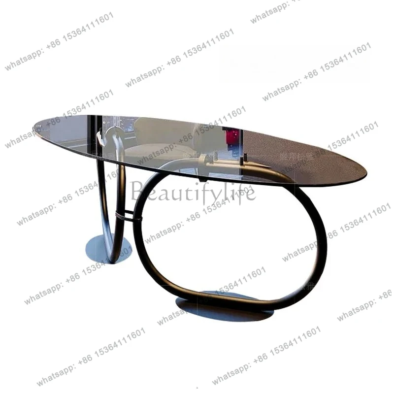 

Light luxury high-end tempered glass dining table household modern creative art oval metal dining table dining table
