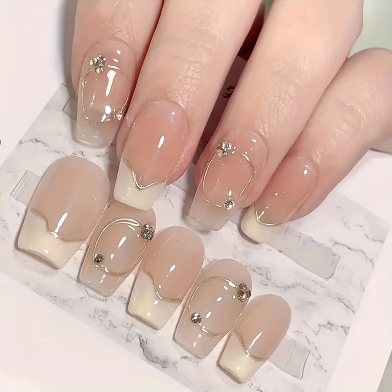 

10pcs high-end Light luxury short style French handmade fake nails, Small fresh short French diamond nail decoration patch